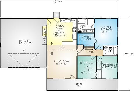 PMHI Lakeport floor plan with large covered porch and three bedrooms under 1200 sf for ADU or granny unit