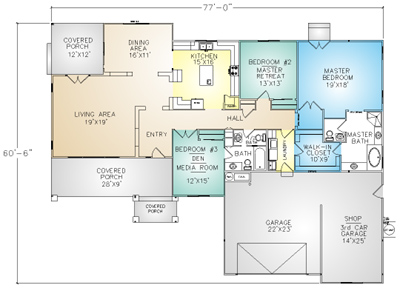 PMHI Brentwood home floor plan with  open space, covered porch, 3 car garage