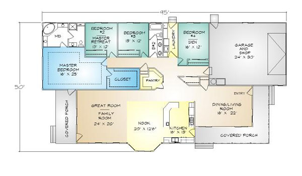 PMHI Mendocino home floor plan with open space and 4 bedrooms