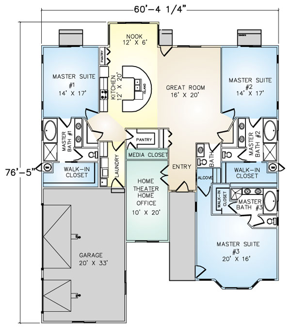 PMHI Borrego home floor plan with 3 master suites, 3 car garage and home theater