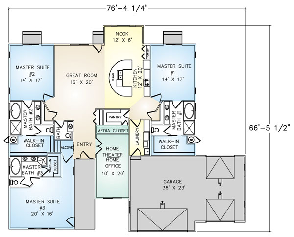 PMHI Montecito home floor plan with 3 master suites, home theater, 3 car garage
